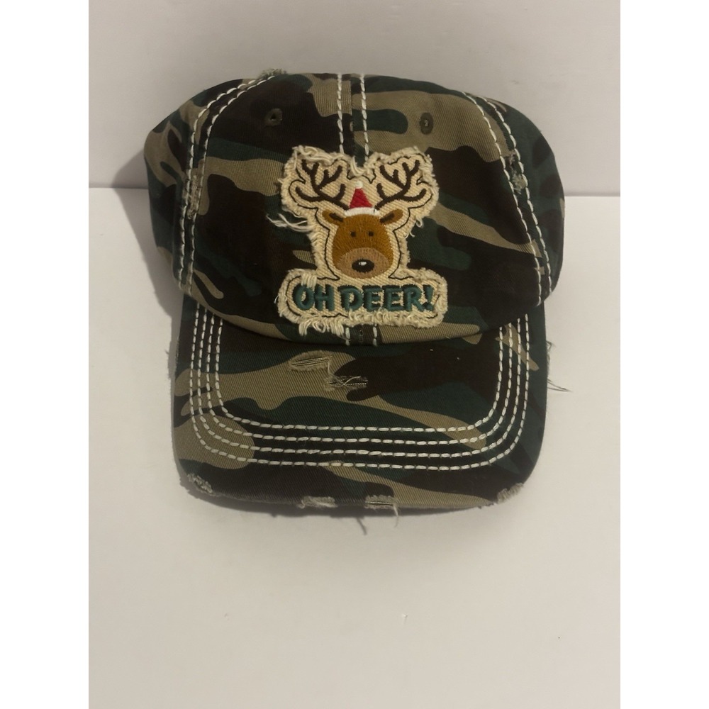 Cap - Distressed Camouflage - Deer Head wearing Santa Hat - Christmas